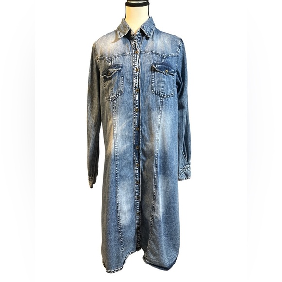 Vintage Lola P. Blue Denim Longline Dress with Pink Floral Back ** read notes - Picture 1 of 6